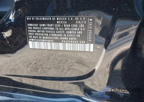 2016 Volkswagen Jetta 2.0T Gli Sel from USA, damaged, VIN 3VW4T7AJ3GM246893